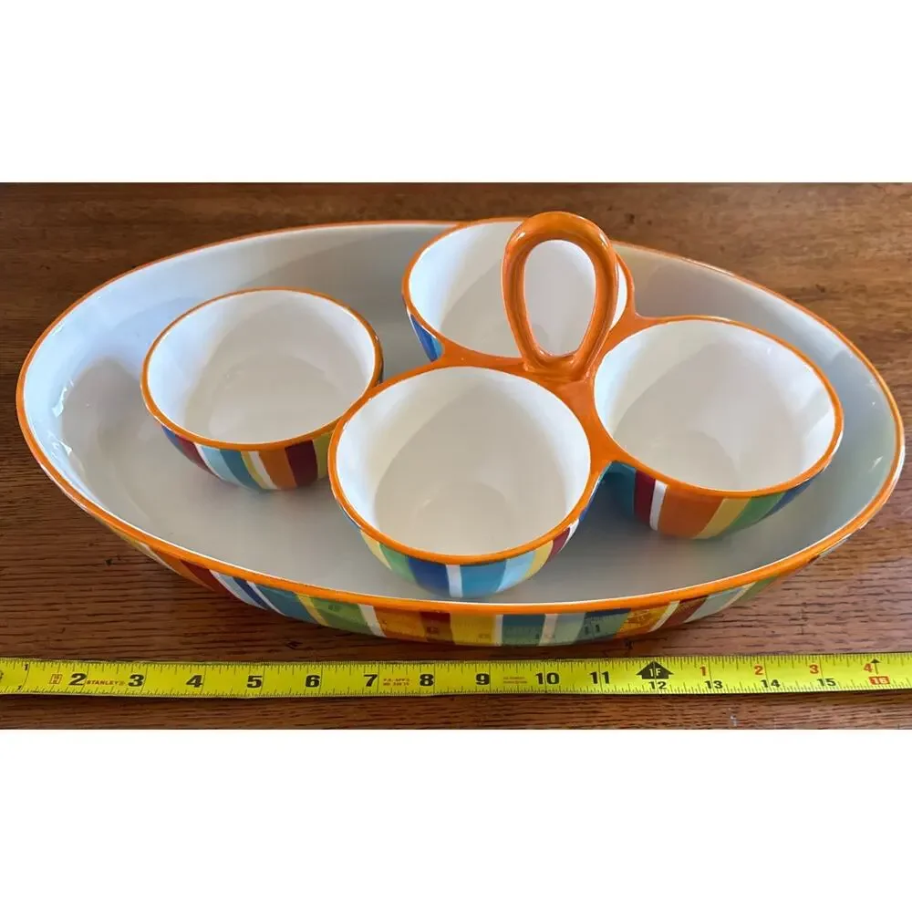 Crate & Barrel Raya Carnivale Stripe Serving Set Oval Bowl 3 Section Condiment